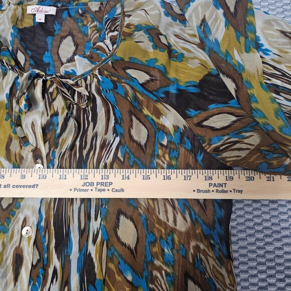 Adore Ruffle Neck Chiffon Blouse Blue Yellow Ikat Abstract Sheer Top Size Medium - Picture 5 of 6